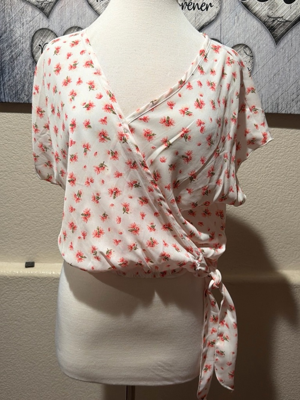 Women's Floral Wrap Crop Blouse in Cream and Pink